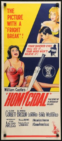 7d0403 HOMICIDAL Aust daybill 1961 William Castle's frightening story of a psychotic female killer!