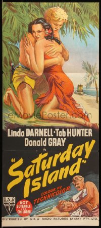 7d0414 ISLAND OF DESIRE Aust daybill 1953 art of sexy Linda Darnell & barechested Tab Hunter, rare!