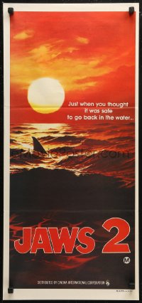 7d0415 JAWS 2 teaser Aust daybill 1978 classic art of man-eating shark's fin in red water at sunset!