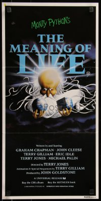 7d0437 MONTY PYTHON'S THE MEANING OF LIFE Aust daybill 1983 wacky art of God creating Earth!