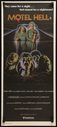 7d0439 MOTEL HELL Aust daybill 1980 wild horror art, they came for a night, stayed for a nightmare!