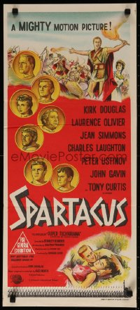 7d0485 SPARTACUS Aust daybill 1961 classic Kubrick & Kirk Douglas epic, cool coin art!