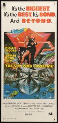 7d0488 SPY WHO LOVED ME Aust daybill R1980s great art of Roger Moore as James Bond 007 by Bob Peak!