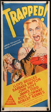 7d0514 TRAPPED Aust daybill 1949 film noir, art of Lloyd Bridges, sexy Barbara Payton!