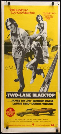 7d0517 TWO-LANE BLACKTOP Aust daybill 1971 James Taylor is the driver, Oates is GTO, Laurie Bird!