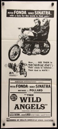 7d0530 WILD ANGELS 2nd printing Aust daybill 1966 biker Peter Fonda & Nancy Sinatra on motorcycle!