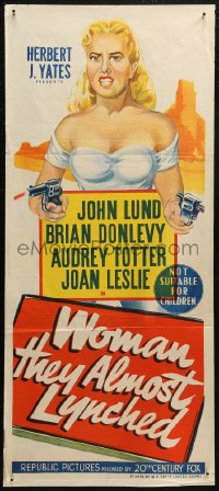 7d0535 WOMAN THEY ALMOST LYNCHED Aust daybill 1953 art of sexy female gunfighter Audrey Totter!