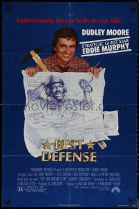7d0605 BEST DEFENSE 1sh 1984 Dudley Moore, Eddie Murphy, wacky blueprint art by Steven Chorney!