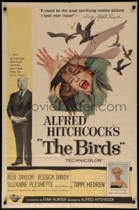 7d0619 BIRDS 1sh 1963 director Alfred Hitchcock shown, Tippi Hedren, classic intense attack art!