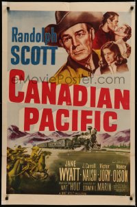 7d0662 CANADIAN PACIFIC 1sh R1954 cowboy Randolph Scott, Jane Wyatt, cool art of Indian attack!