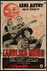 7d0669 CAROLINA MOON 1sh 1940 Gene Autry with guitar, Smiley Burnette & June Storey, smiling moon!