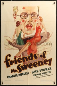 7d0821 FRIENDS OF MR. SWEENEY 1sh 1934 Charlie Ruggles holding 2 sexy babes in top hat, ultra rare!