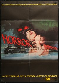 7d0241 HORROR EXPRESS German 1973 Christopher Lee, cool horror art of girl strangled by monster!