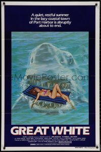 7d0868 GREAT WHITE style A 1sh 1982 great artwork of huge shark attacking girl in bikini on raft!