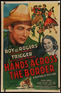 7d0873 HANDS ACROSS THE BORDER 1sh 1943 wonderful close up artwork of western cowboy Roy Rogers!