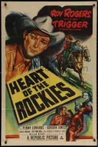 7d0881 HEART OF THE ROCKIES 1sh 1951 great artwork of cowboy Roy Rogers & his horse Trigger!