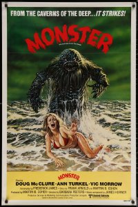 7d0906 HUMANOIDS FROM THE DEEP int'l 1sh 1980 art of monster looming over sexy girl on beach!