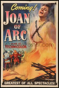 7d0928 JOAN OF ARC style C teaser 1sh 1948 art of Ingrid Bergman being burned at the stake!