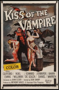 7d0946 KISS OF THE VAMPIRE 1sh 1963 Hammer, cool art of devil bats attacking by Joseph Smith!