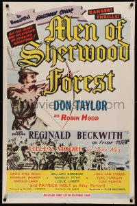 7d1006 MEN OF SHERWOOD FOREST 1sh 1956 art of Don Taylor as Robin Hood fighting many guards!