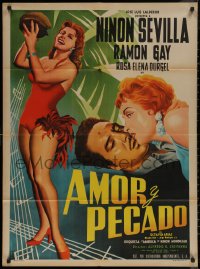 7d0038 AMOR Y PECADO Mexican poster 1956 full-length art of sexy Ninon Sevilla by L. Mendoza!