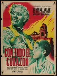 7d0044 CON TODO EL CORAZON Mexican poster 1951 Mendoza art of priest w/baby by destroyed church!