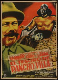 7d0066 EL TESORO DE PANCHO VILLA Mexican poster 1954 Diaz art of masked wrestler & gold pile!