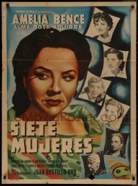 7d0106 SIETE MUJERES Mexican poster 1953 great close-up art of sexy Amelia Bence + cast, ultra rare!