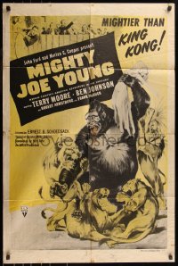 7d1012 MIGHTY JOE YOUNG 1sh R1957 first Ray Harryhausen, great art of ape rescuing girl from lions!
