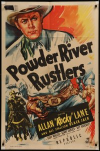 7d1084 POWDER RIVER RUSTLERS 1sh 1949 cowboy Rocky Lane stops a fake railroad agent, cool art, rare!