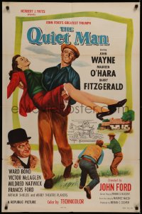 7d1101 QUIET MAN 1sh R1957 great image of John Wayne carrying Maureen O'Hara, John Ford classic!