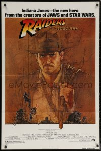 7d1104 RAIDERS OF THE LOST ARK 1sh 1981 great art of adventurer Harrison Ford by Richard Amsel
