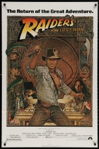 7d1105 RAIDERS OF THE LOST ARK 1sh R1980s great Richard Amsel art of adventurer Harrison Ford!