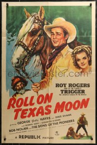 7d1145 ROLL ON TEXAS MOON 1sh 1946 art of Roy Rogers with Trigger, Dale Evans & Gabby Hayes!
