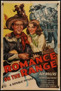 7d1146 ROMANCE ON THE RANGE 1sh 1942 art of singing cowboy Roy Rogers & pretty Linda Hayes!