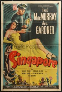7d1192 SINGAPORE 1sh 1947 art of sexy full-length Ava Gardner + seaman Fred MacMurray with gun!