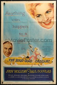 7d1207 SOLID GOLD CADILLAC 1sh 1956 Hirschfeld art of Judy Holliday & Paul Douglas in car!