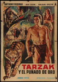 7d0010 PER UNA MANCIATA D'ORO South American 1965 cool artwork of Tarzan w/knife, angry tiger!