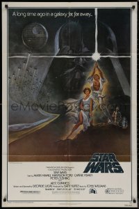 7d1228 STAR WARS fourth printing 1sh 1977 A New Hope, classic Jung art of Vader over Luke & Leia!