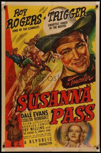 7d1251 SUSANNA PASS 1sh 1949 great art of Roy Rogers riding Trigger, plus sexy Dale Evans!