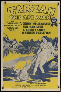 7d1259 TARZAN THE APE MAN 1sh R1954 great art of Johnny Weismuller & Maureen O'Sullivan!