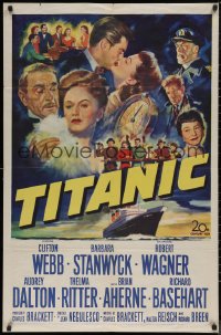 7d1280 TITANIC 1sh 1953 great artwork of Clifton Webb, Barbara Stanwyck & legendary ship!
