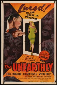 7d1305 UNEARTHLY 1sh 1957 John Carradine, sexy Sally Todd is lured to the house of monsters!