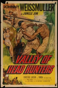 7d1315 VALLEY OF HEAD HUNTERS 1sh 1953 Johnny Weismuller as Jungle Jim fights natives!