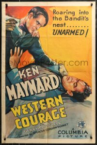 7d1333 WESTERN COURAGE 1sh 1935 art of Ken Maynard roaring into the bandit's nest unarmed!