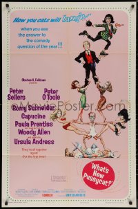 7d1335 WHAT'S NEW PUSSYCAT style B 1sh 1965 Frank Frazetta art of Woody Allen, Peter O'Toole, cast