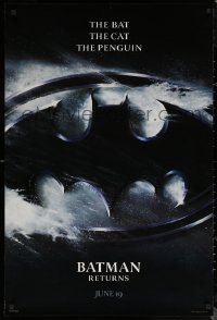 7g0831 BATMAN RETURNS teaser DS 1sh 1992 Burton, Keaton, The Bat, The Cat, The Penguin, logo design!