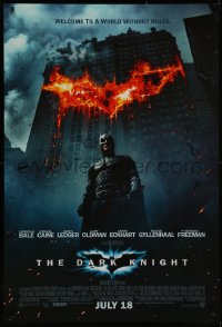 7g0873 DARK KNIGHT int'l advance DS 1sh 2008 Christian Bale as Batman in front of burning bat symbol!
