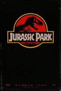 7g0989 JURASSIC PARK teaser DS 1sh 1993 Steven Spielberg, classic logo with T-Rex over red background