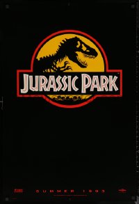 7g0990 JURASSIC PARK teaser DS 1sh 1993 Steven Spielberg, logo with T-Rex over yellow background!